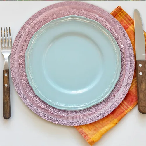 Miniatura 5 de Platos de carga de 13" de aluminio rosa, juego de 6 platos elegantes con relieve de encaje, platos de servidor redondos para plato de cena, juego