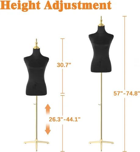 Miniatura 6 de Maniquí femenino cuerpo oro trípode soporte,Altura ajustable Maniqui para Ropa,Maniquí de forma de vestido