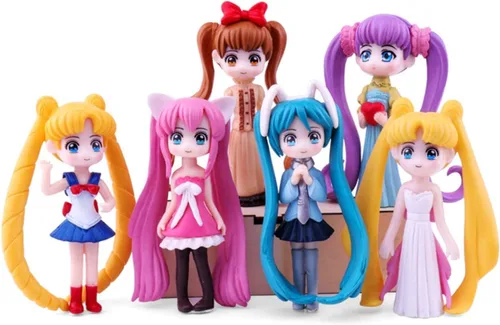 HYSTYLE Juego de 6 piezas de figuras de niña encantadora, colección de figuras pequeñas, juego de muñeca de juguete, muñeca de automóvil, adorno de