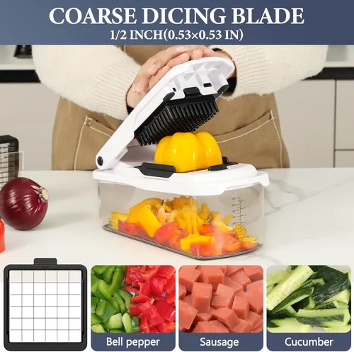 Miniatura 2 de Ourokhome Cortador de verduras con recipiente, cortador manual de cebolla con 2 cuchillas de cortar para tiras de papa, cubos de verduras, palitos