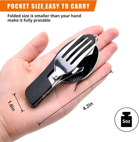 Miniatura 3 de Utensilios para campamento HIKENTURE 4 en 1, juego de tenedor, cuchillo, cuchara y abridor de botellas de acero inoxidable con estuche de Negro