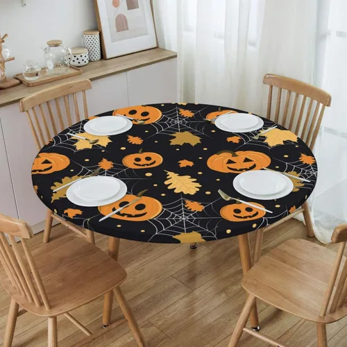 Miniatura 4 de Famame Mantel redondo ajustable con diseño de hojas de otoño y Halloween, con borde elástico, impermeable, con borde elástico, para interiores