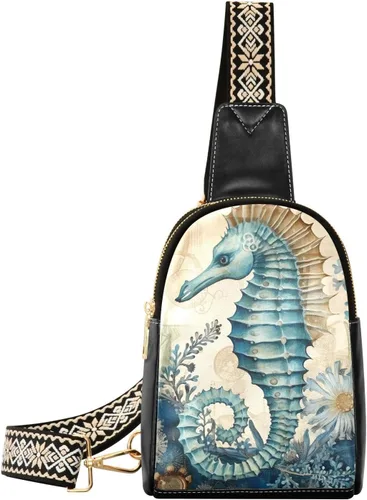 Sling Backpack Seahorse Vintage Sling Bag for Women Crossbody Shoulder Bag Leather Fanny Pack Chest Bag for Travel Hiking 202A1797