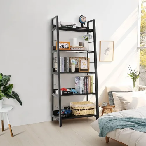 Miniatura 4 de Homdox Estantería de escalera de 5 niveles, estantería industrial de madera y metal, soporte para plantas y flores, estante de almacenamiento