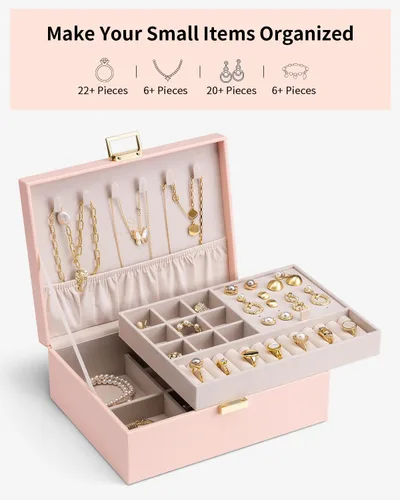 Miniatura 5 de Vlando Joyero de 2 capas grande organizador de joyas para mujeres, bandeja de joyería extraíble para collares, aretes, anillos, pulseras, cajas