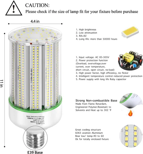 Miniatura 2 de GTAREN Bombilla LED de 100W en forma de mazorca, reemplazo para lámpara de 400 vatios de metal haluro HPS CFL HID, base E39 mogul, 5000K