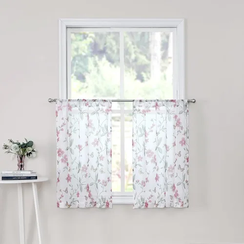 Miniatura 13 de Tollpiz - Cortinas cortas de gasa con estampado floral, con diseño de mariposas y flores azules, cortina de media ventana con bolsillo para barra