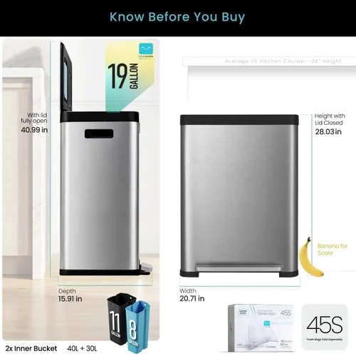 Miniatura 9 de Home Zone Living - Bote de basura de cocina de 19 galones con compartimentos duales para reciclaje, control de olor CleanAura, acero inoxidable