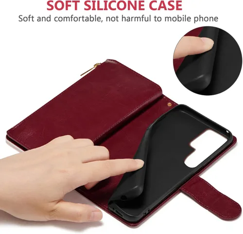 Miniatura 6 de UEEBAI Funda tipo cartera para Samsung Galaxy S22 Ultra 5G, piel sintética con cierre magnético, bolsillo con cremallera, ranuras para tarjetas