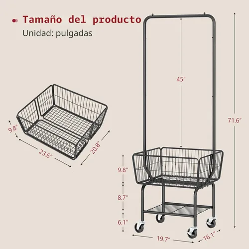 Miniatura 7 de Carro de lavandería Tajsoon con estante colgante, canasta de lavandería de metal con ruedas, cesta de lavandería con canasto de almacenamiento