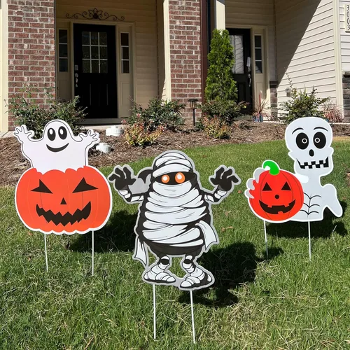 3 letreros de patio para accesorios de Halloween, estacas de calabaza, fantasma, monstruo, estacas para decoración de Halloween, decoración de