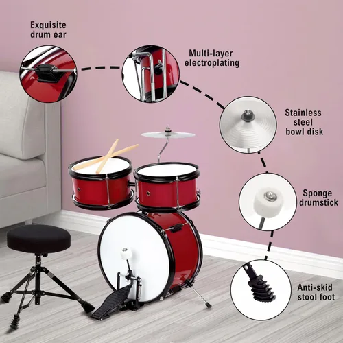 Miniatura 2 de 5 piezas Kids/Junior Drum Set 13" bombo/Principiante (Estándar) /Juguetes musicales para niños, instrumento musical (rojo)