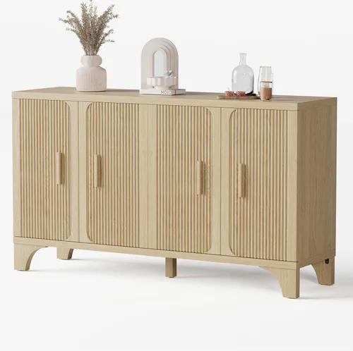 Miniatura 13 de Gabinete de buffet acanalado moderno de mediados de siglo con almacenamiento, aparador decorativo y armario de almacenamiento de credenza con Roble