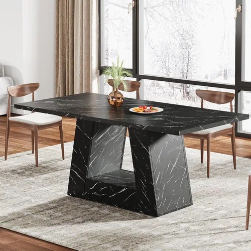 Miniatura 3 de Mesa de comedor Tribesigns para 4 a 6 personas, mesa rectangular de 63" para comedor, mesa moderna de madera con falso mármol para cenas con base