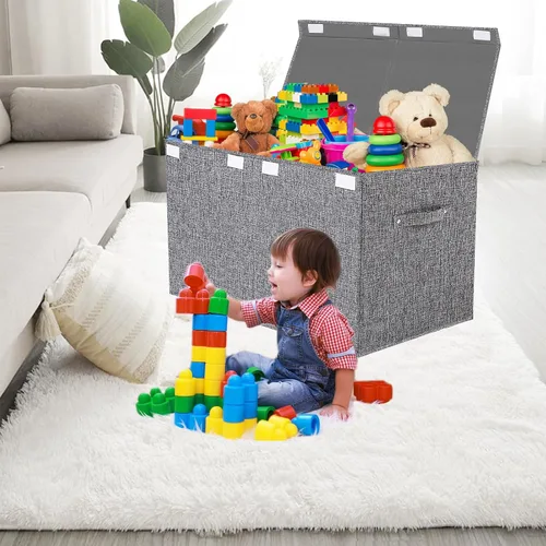 Miniatura 2 de Contenedor plegable de almacenamiento de juguetes con tapa, gran capacidad de 82 litros, organizador gris neutro que ahorra espacio para sala