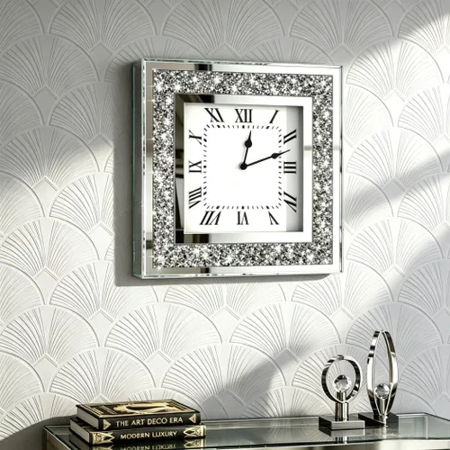 Miniatura 8 de DMDFIRST Reloj de pared cuadrado con espejo de cristal triturado de diamante con decoraciones brillantes de chispa y centella para decoración