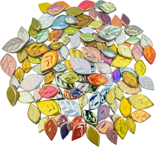Miniatura 13 de Azulejos de mosaico de cerámica de hojas iridiscentes aleatorias de 1.1 libras, creando 3 tamaños de piezas creativas de mosaico de cerámica