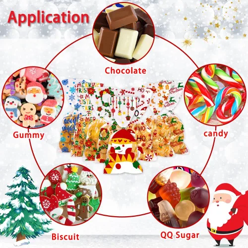Miniatura 2 de DULEFUN 160 bolsas de celofán de Navidad, 8 estilos, transparentes para dulces, galletas, golosinas, bolsas de celofán con lazos de torsión