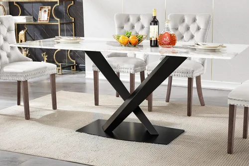 Miniatura 12 de Mesa de comedor de mármol negro para 4, 6, 70 pulgadas, moderna mesa de comedor de cocina dorada con base de acero inoxidable con diseño