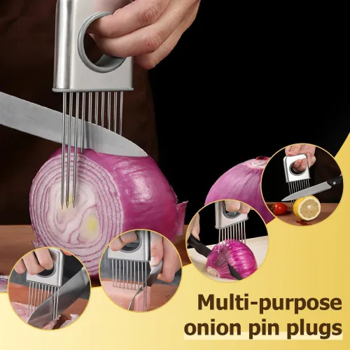 Miniatura 5 de Nuevo soporte para rebanar cebolla, soporte de cebolla de acero inoxidable para cortar verduras cortador de papa y tomate, herramienta asistente
