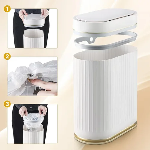 Miniatura 5 de ELPHECO Cubo de Basura para Baño de 2 Galones Cubo de Basura Inteligente de Plástico Impermeable 7.5L Cesto de Basura Decoración de Baño Cubo de Oro