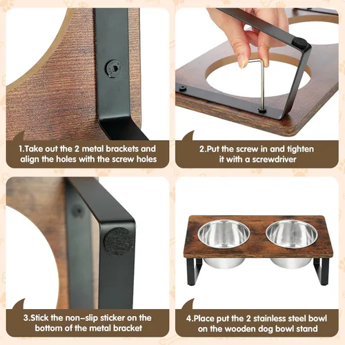 Miniatura 7 de Cuencos elevados para perros pequeños y medianos de madera con 2 cuencos profundos de acero inoxidable para alimentos y agua, antivómitos, platos