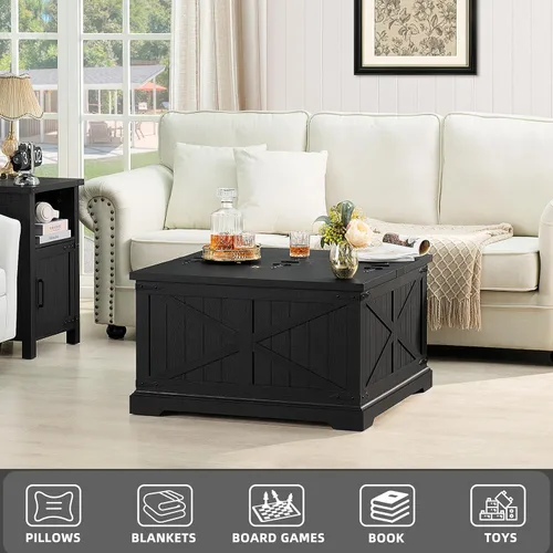 Miniatura 6 de Joaxswe - Mesa de centro de granja con gran compartimento de almacenamiento oculto, mesa central rústica negra cuadrada, mesas modernas de sala