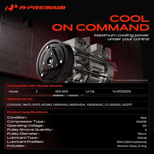 Miniatura 2 de A-Premium Compresor de aire acondicionado CA con embrague compatible con Mazda 2 1.5L 2011-2012, se adapta al modelo construido solo para 07/15/2012