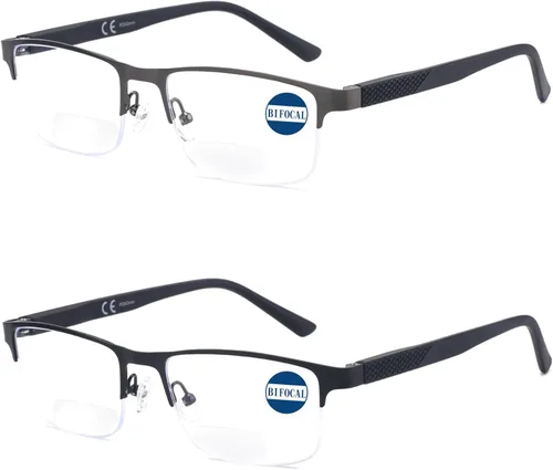Missfive Paquete de 2 lentes de lectura bifocales para hombre, bloqueo de luz azul, lectores casi de doble uso, bisagras de resorte duraderas,