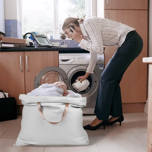 Miniatura 6 de Bolsa de lona de algodón con asas y correas de cordón, bolsas de lavandería extra grandes resistentes para lavandería y hogar, bolsa de ropa sucia