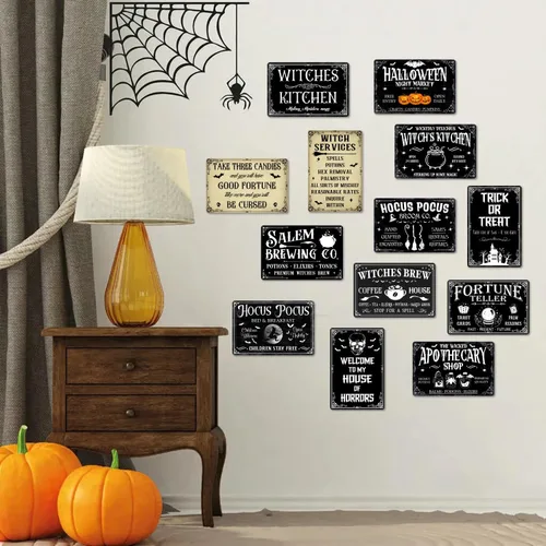 Miniatura 7 de Ewxibnc Letrero de metal de Halloween para el mercado nocturno de Halloween, decoración espeluznante, decoración de bruja de Halloween, decoración