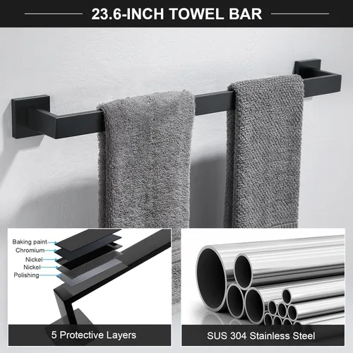 Miniatura 2 de TQKAG Juego de 6 piezas de barras para toallas de baño negro mate, barra para toallas de 23.6 pulgadas de acero inoxidable, anillo para toallas
