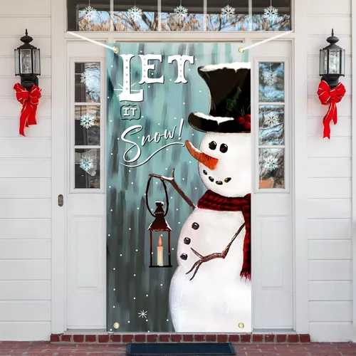 Miniatura 15 de Cubierta de puerta de Navidad, muñeco de nieve, decoración de fondo de fotografía grande, cartel de porche para invierno, interior y exterior