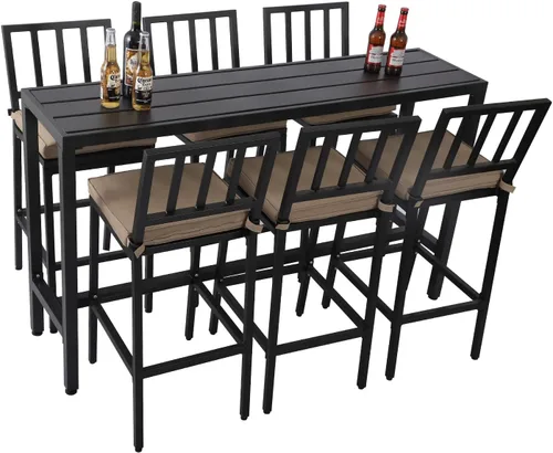 Miniatura 10 de Sillas y mesa de bar al aire libre, juego de bar de metal para patio con taburetes y cojines para patio trasero, porche, bistró, balcón