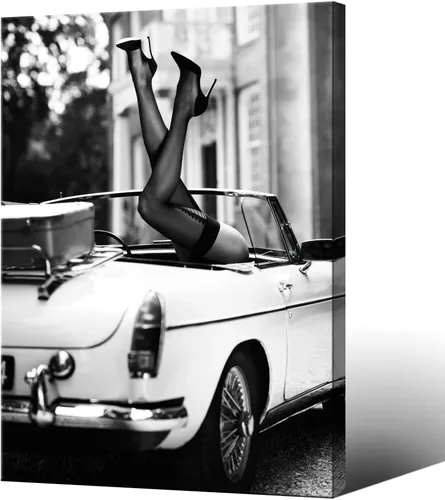 Miniatura 16 de Arte de pared de lujo a la moda, diseño retro de mujer haciendo parada de manos en el coche, para decoración de pared de habitación de niñas