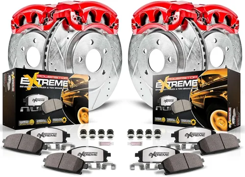 PowerStop Kit de pinzas y freno delantero y trasero para Dodge Ram 1500 2006-08 - Rotores de disco perforados y ranurados + pastillas de freno Z36 +