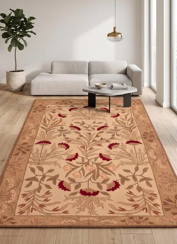 Miniatura 3 de Restoration and Renovation Handmade Floral Adeline Beige/Blue Tulips Traditional Crafted Wool Area Rug for Living Room Bedroom and Kitchen