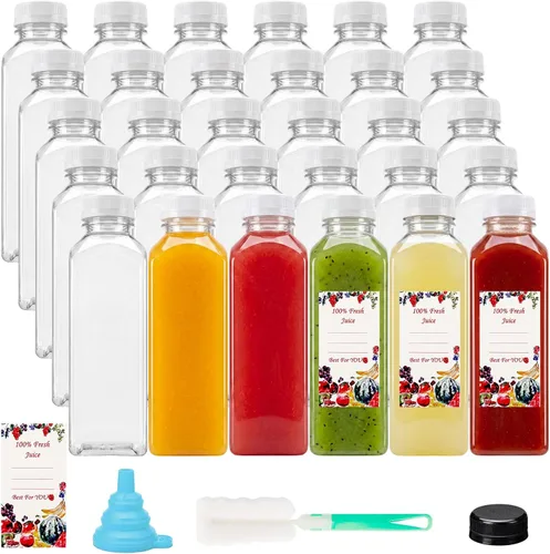 Miniatura 14 de SUPERLELE 10 botellas de plástico para jugo de 12 onzas con 10 tapas negras y 10 tapas azules, recipientes de jugo reutilizables con tapas