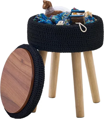 Miniatura 13 de Wimarsbon Puf otomano, taburete bohemio de punto 100% algodón, reposapiés redondo con patas de madera antideslizantes, decoración del hogar, puf