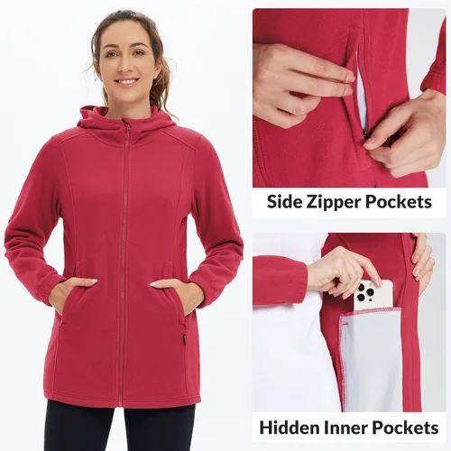 Miniatura 4 de BALEAF Chaqueta larga de forro polar con capucha y cremallera completa para mujer, abrigo de invierno suave y ligero