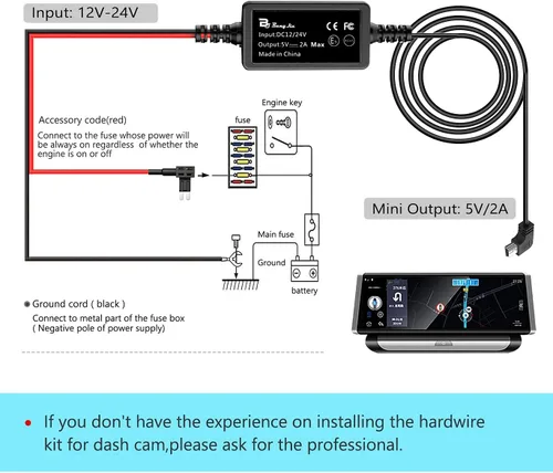 Miniatura 4 de Kit de cable duro para cámara de salpicadero, mini USB Bangjia de 12 V-24 V a 5 V/2 A, cable de alimentación para cargador de cámara de tablero