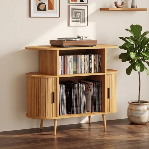 Soporte para tocadiscos de 35.4 pulgadas con almacenamiento, gabinete de almacenamiento de discos de vinilo y consola multimedia con capacidad para
