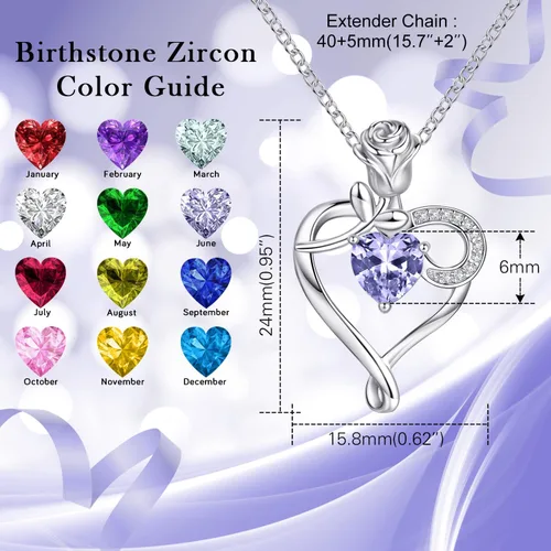Miniatura 2 de Collar de corazón con piedra natal para mujer, plata de ley 925, collar con colgante de flor de rosa, collar para madre e hija para mamá, mujer