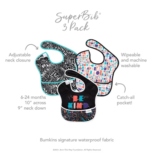 Miniatura 5 de Bumkins SuperBib, babero de bebé, impermeable, tela lavable, se adapta a bebés y niños pequeños de 6 a 24 meses, Be Kind (paquete de 3)