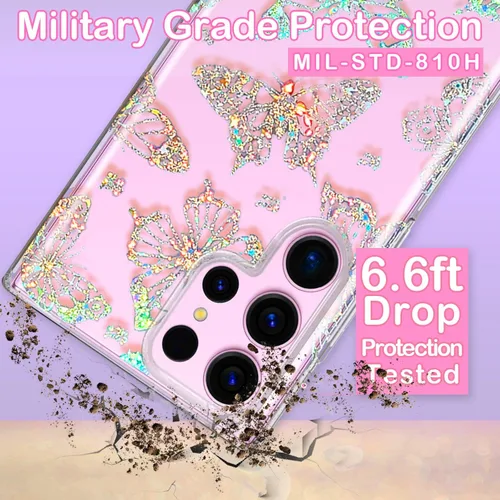 Miniatura 6 de Funda transparente con purpurina para Galaxy S23 Ultra – 6.8 pulgadas, diseño de flores, diseño de mariposa de cristal, para mujeres y niñas