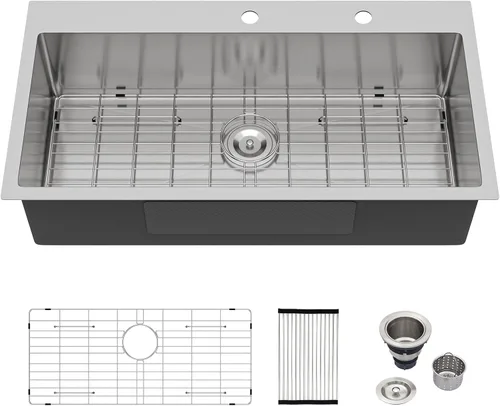 Miniatura 10 de Logmey Fregadero de cocina negro 33x22 empotrable, estación de trabajo de fregadero de cocina, SUS304 calibre 16 acero inoxidable, tazón individual