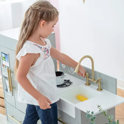 Miniatura 8 de Teamson Kids Little Chef Charlotte - Cocina Moderna Modular Interactiva de Madera para Jugar con Refrigerador, Estufa y Lavabo en Gris con Acentos