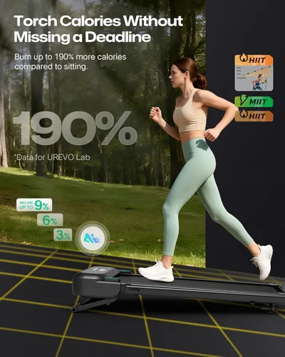 Miniatura 7 de UREVO Auto Incline Walking Pad with AI App, Adjustable Handlebar & Multifunctional Desk, 9% Power Incline Brushless Quiet Motorized Treadmill for