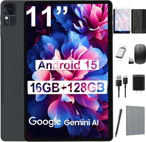 Tablet de 11 pulgadas versión 2026, tabletas Android 15 con teclado, 16 (8+8) GB de RAM 128 GB ROM 1TB Expand, tableta WiFi 2.4G/5G con BT 5.0,