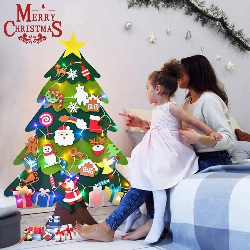 Miniatura 2 de Árbol de Navidad de fieltro Montessori para niños pequeños, árbol de Navidad de 3.2 pies de bricolaje para pared con 32 adornos y luces LED, árbol